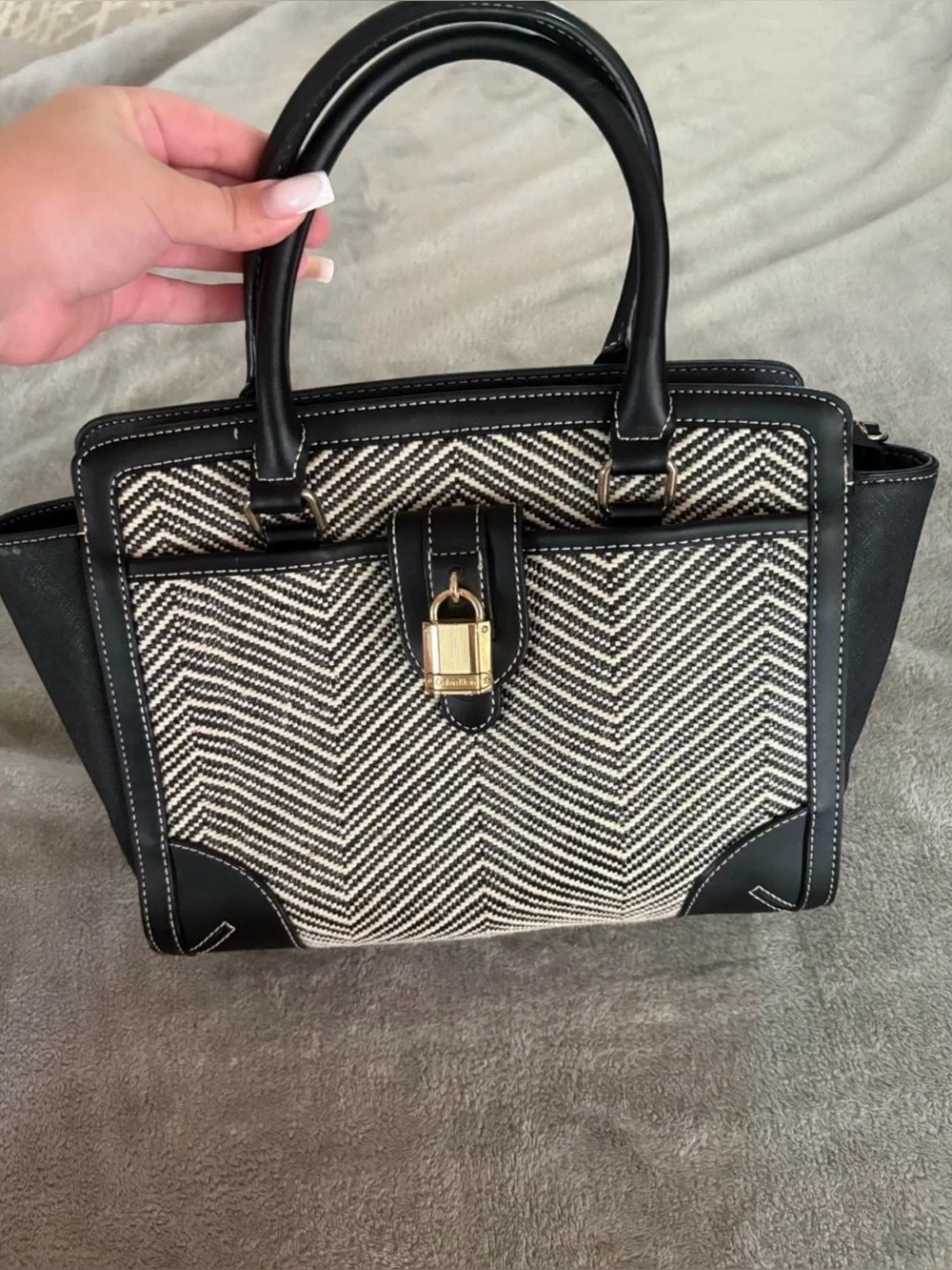 Calvin Klein Black & Cream Chevron Tote with Gold Accent